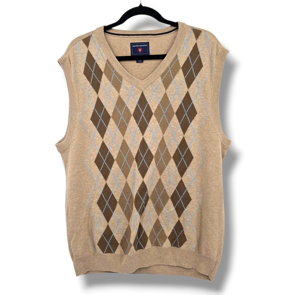 Saddlebred Argyle Sweater Vest Mens Medium Sleeveless Tan Brown Blue V Neck - Picture 1 of 8